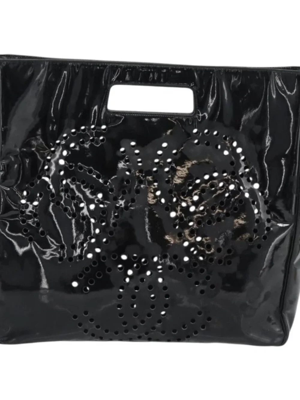 CHANEL Hand Bag Patent leather Black Silver CC Auth 186129